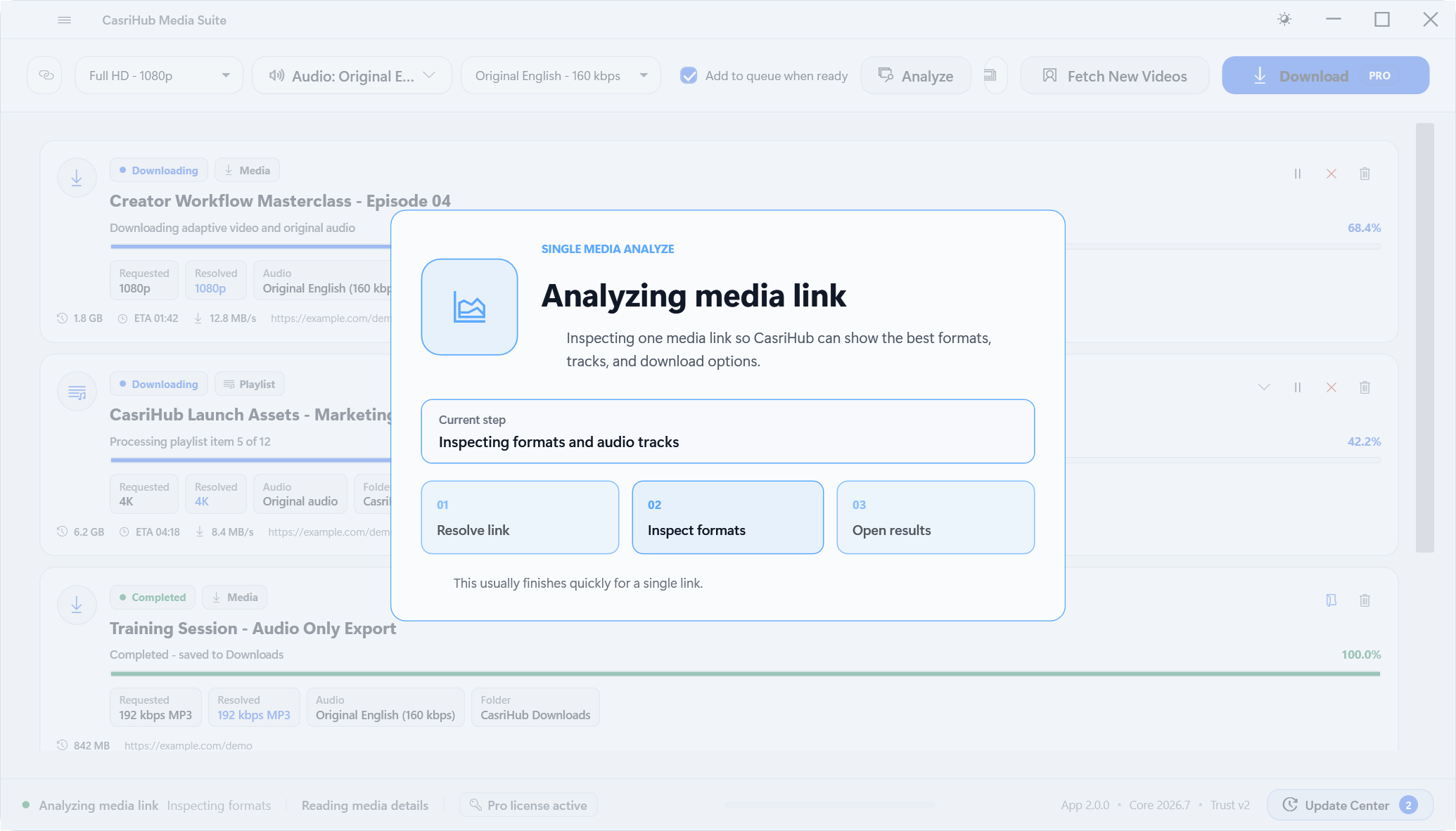 Paste a link and analyze it — pick quality, audio track, and format before you download.