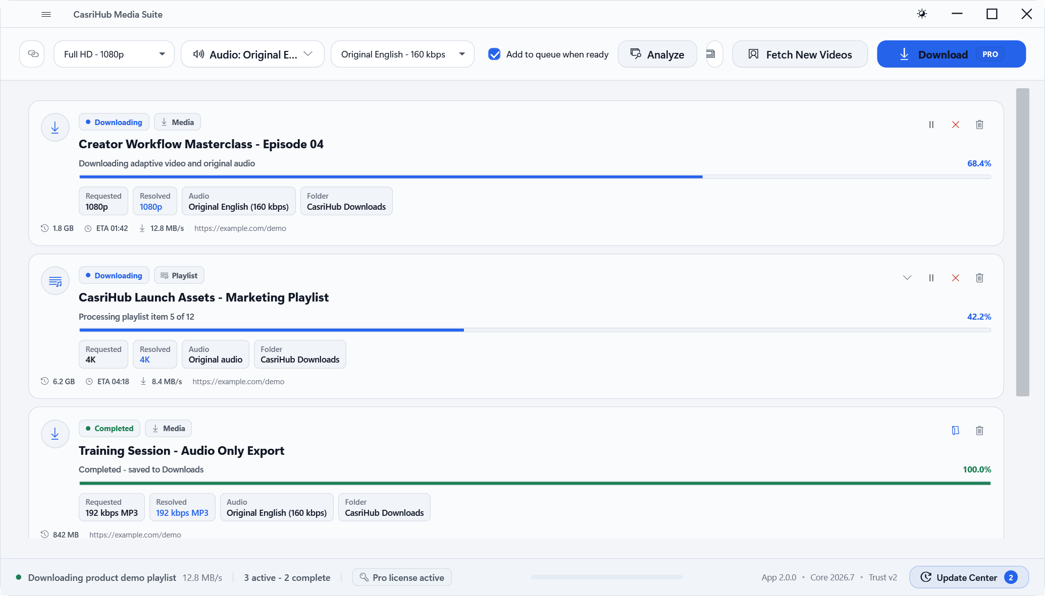 Paste a link, pick quality and audio, then Analyze or Download.