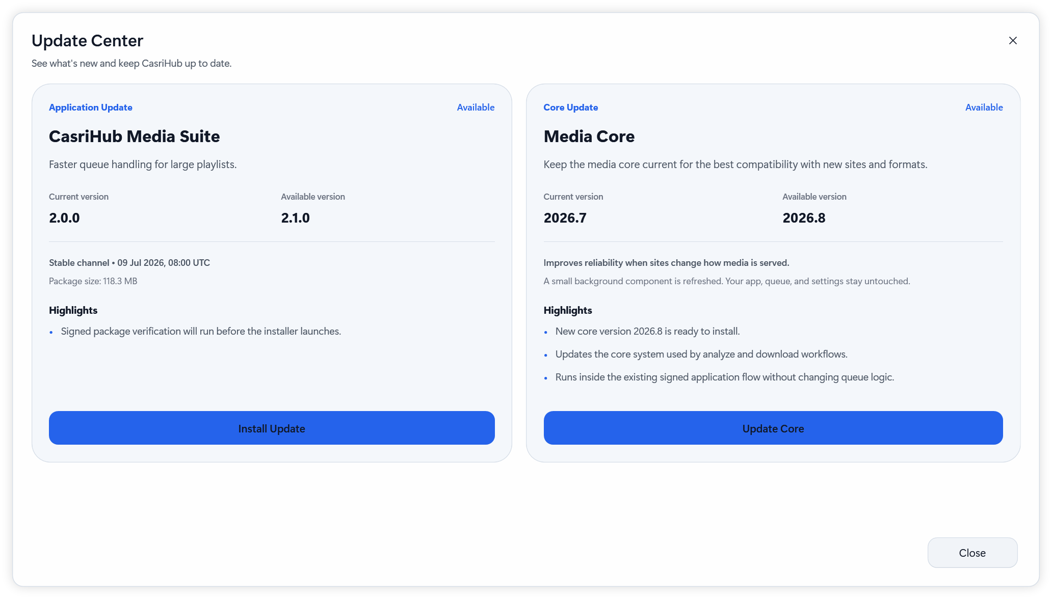 Signed, verified updates install cleanly and relaunch the app.