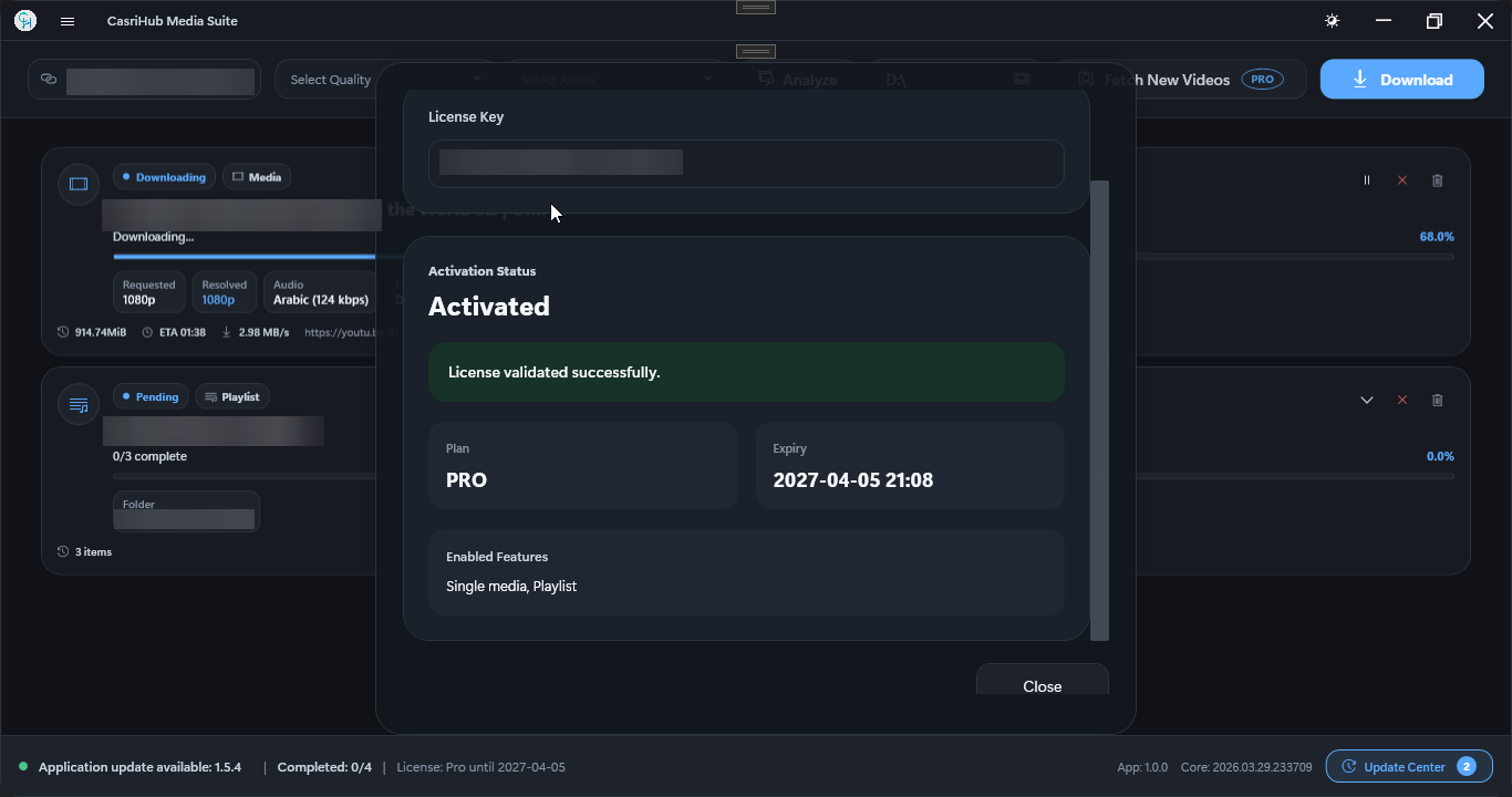CasriHub Media Suite license activation window