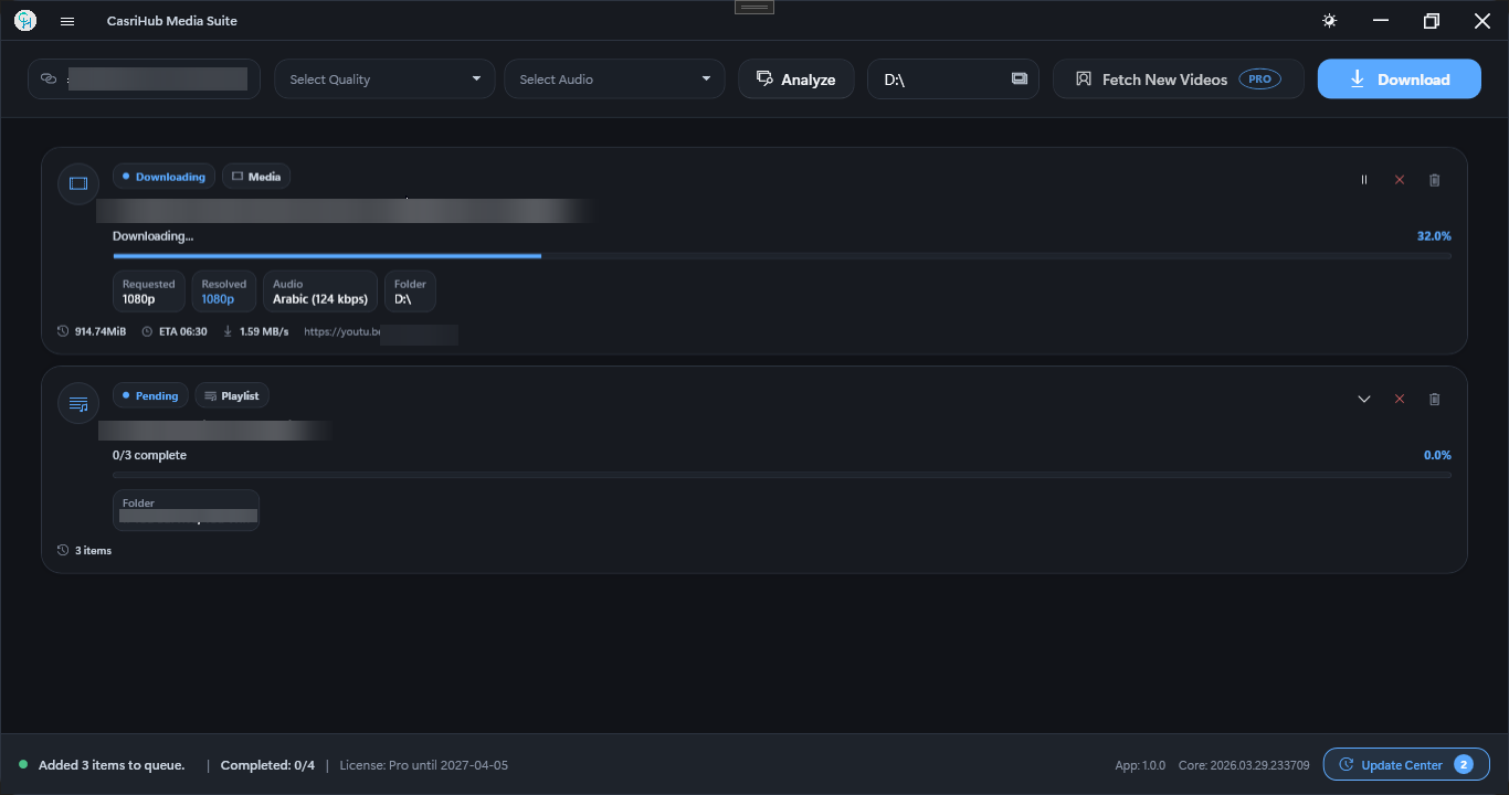 CasriHub Media Suite queue and progress view